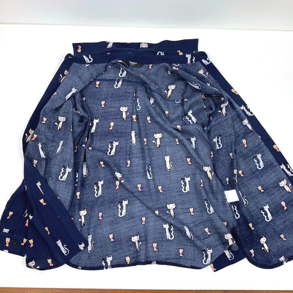 Whimsical Cat Print Navy Button Down Rayon/Viscose Shirt Blouse Sz M - Picture 15 of 16